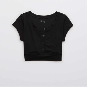 OFFLINE By Aerie Real Me Henley Crop Tee Black Size L NWOT